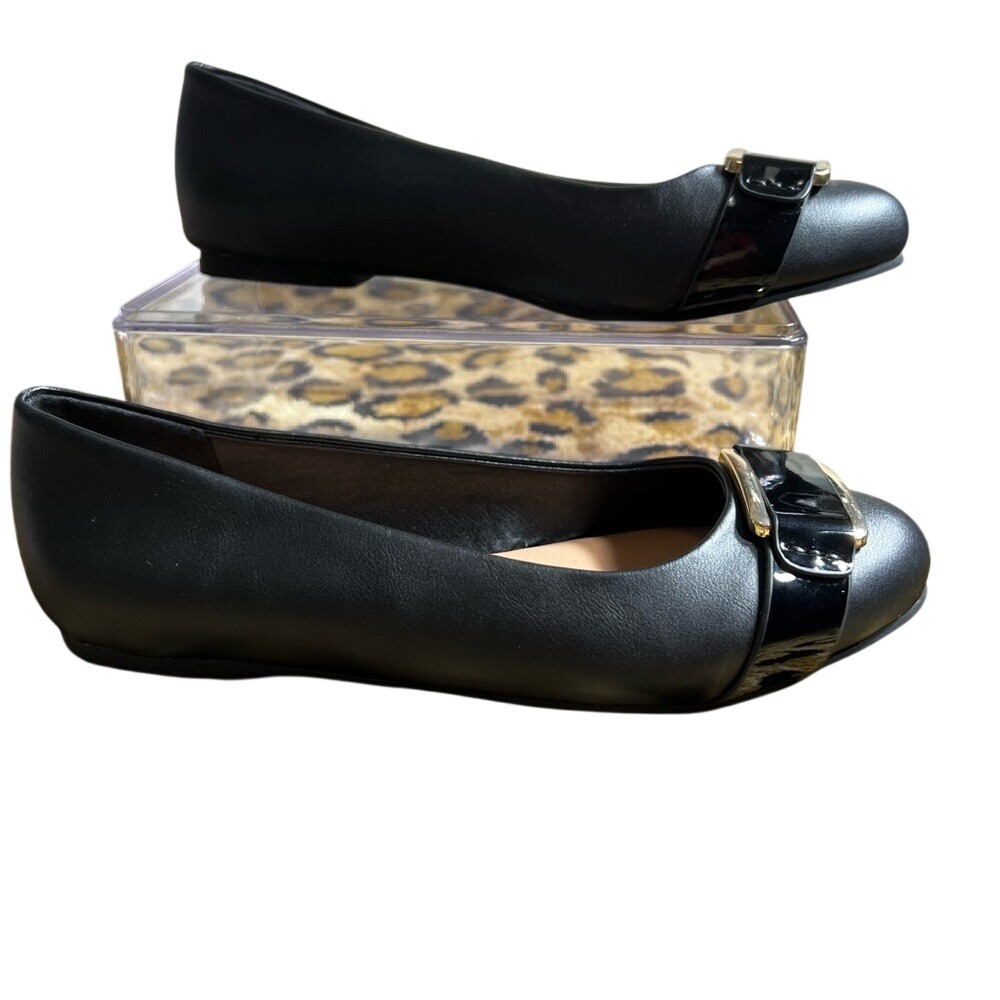 Luoika Womens Black Ballet Flats Gold Buckle Patent Accent Almond Toe Shoes 8